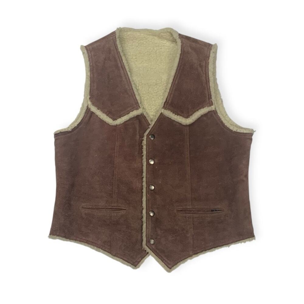 Vintage mens XL leather brown faux Sherpa vest oui cowboy western Yellowstone
